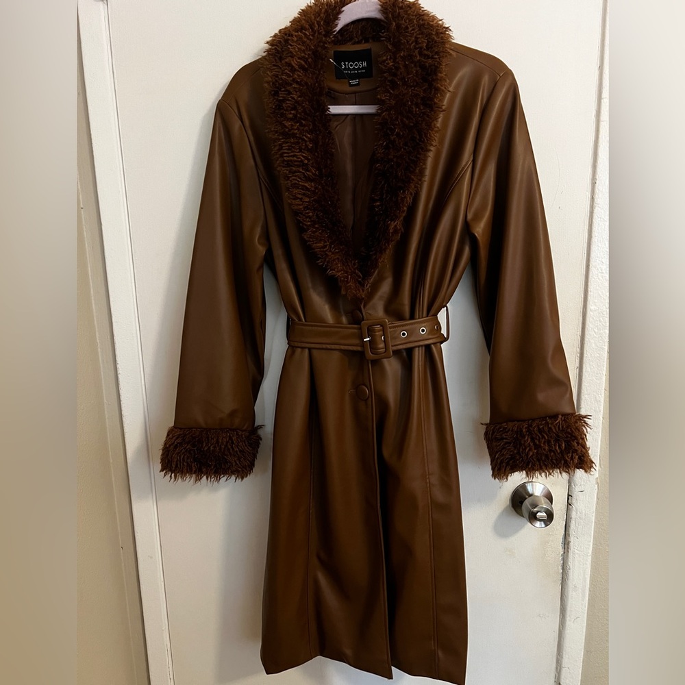 Stoosh Brown Faux Leather Trench Coat with Fur Trim